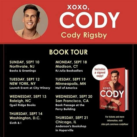 Cody rigsby book tour - June 8, 1987 (age 36) [1] California, US. Alma mater. University of North Carolina at Greensboro. Occupation. Fitness instructor. Employer. Peloton Interactive, Inc. Cody Rigsby (born June 8, 1987) is an American fitness instructor, dancer, and television personality.